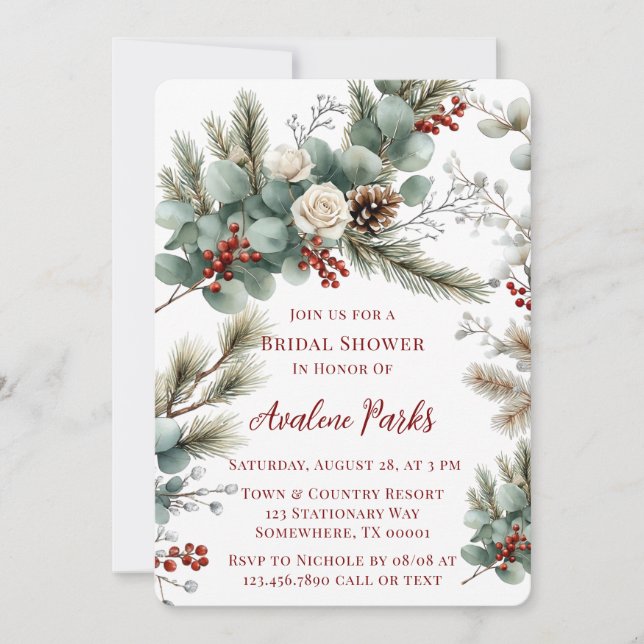 Winter Floral Red White Rose Bridal Shower Invitation (Front)