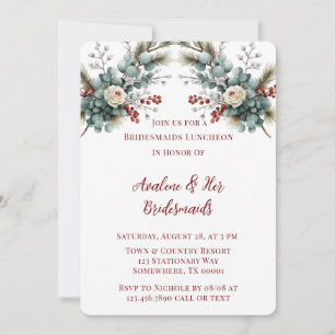Winter Floral Red White Rose Bridesmaids Luncheon Invitation