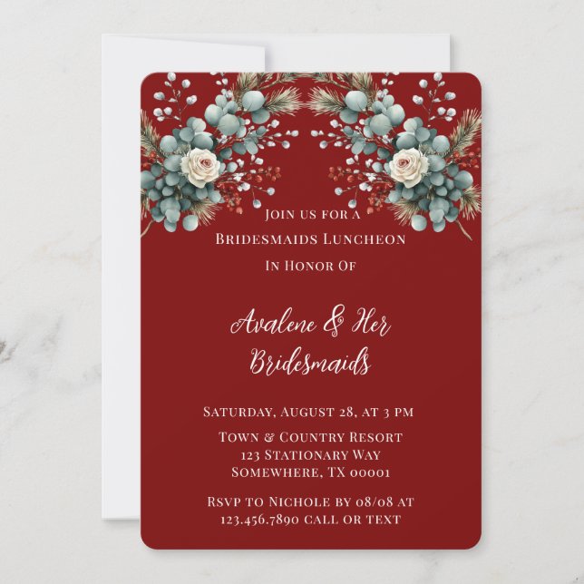 Winter Floral Red White Rose Bridesmaids Luncheon Invitation (Front)