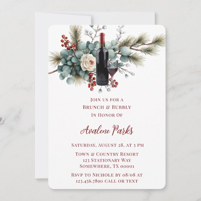 Winter Floral Red White Rose Brunch & Bubbly Invitation (Front)