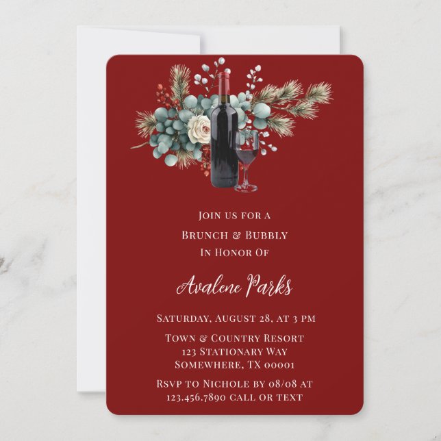 Winter Floral Red White Rose Brunch & Bubbly Invitation (Front)