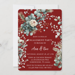 Winter Floral Red White Rose Engagement Party Invitation