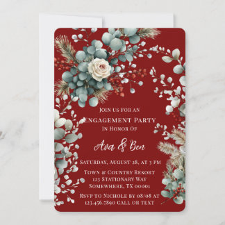 Winter Floral Red White Rose Engagement Party Invitation