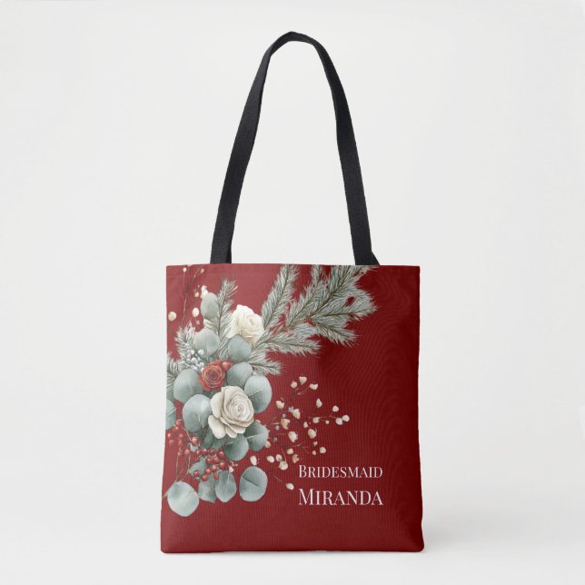 Winter Floral Red White Rose Wedding Bridesmaid Tote Bag (Front)