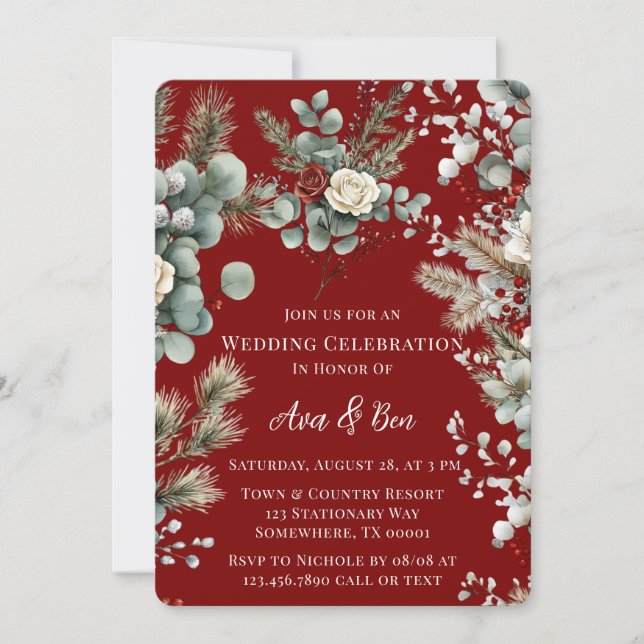 Winter Floral Red White Rose Wedding Invitation (Front)