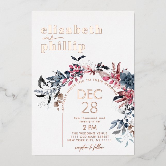 Winter Floral Rose Gold Christmas Holiday Wedding (Front)