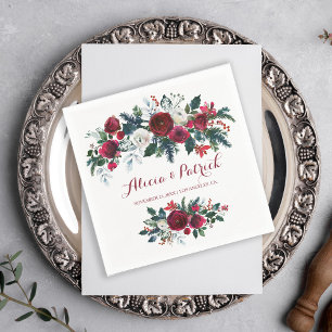 Winter floral rustic burgundy pine green wedding napkin