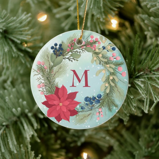 Winter floral rustic wreath poinsettia monogram ceramic tree decoration (Tree)