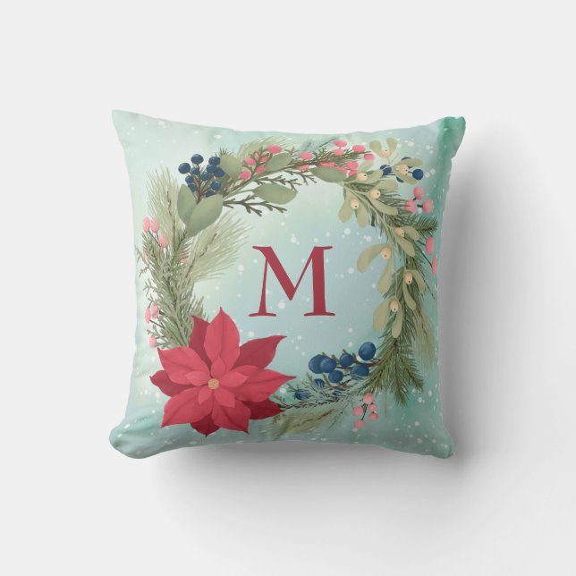 Winter floral rustic wreath poinsettia monogram th cushion (Front)