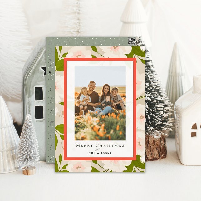 Winter Floral Sage Green 4 Photos Christmas Holiday Card (Creator Uploaded)