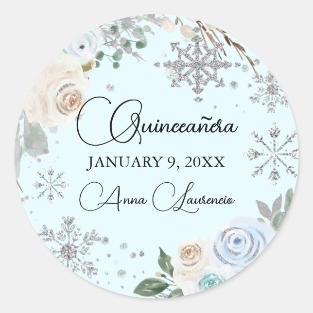 Winter Floral Silver and Light Blue Quinceanera Classic Round Sticker (Front)