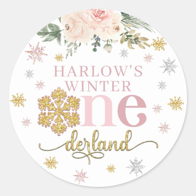 Winter Floral Snowflake ONEderland 1st Birthday  Classic Round Sticker (Front)