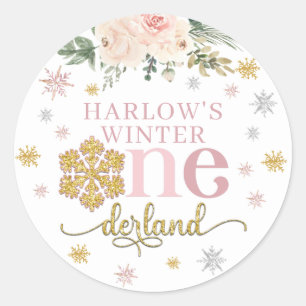 Winter Floral Snowflake ONEderland 1st Birthday  Classic Round Sticker