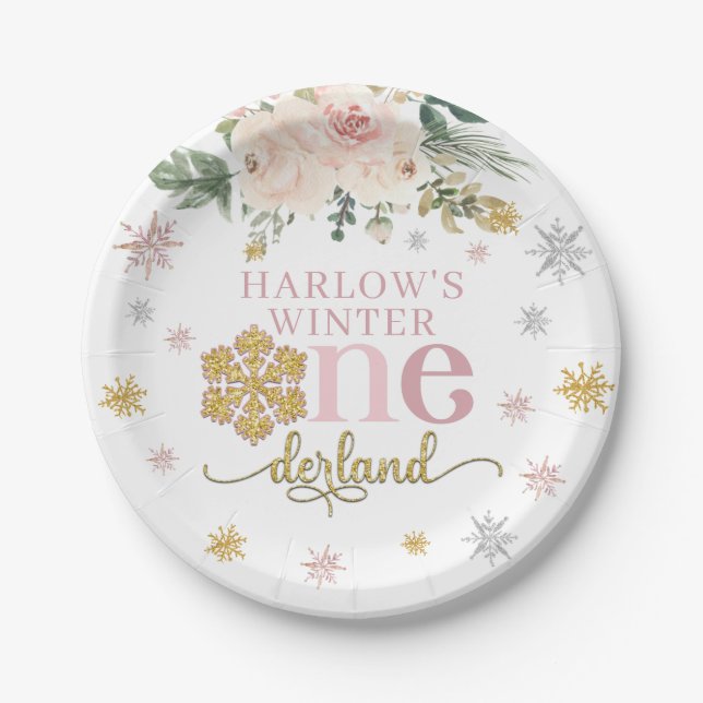 Winter Floral Snowflake ONEderland 1st Birthday  Paper Plate (Front)
