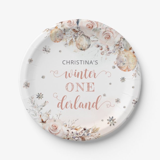Winter Floral Snowflake ONEderland 1st Birthday Paper Plate (Front)