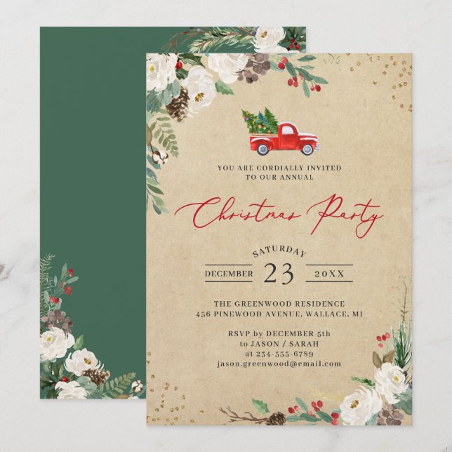 Winter Floral Vintage Truck Christmas Party Invitation (Front/Back)
