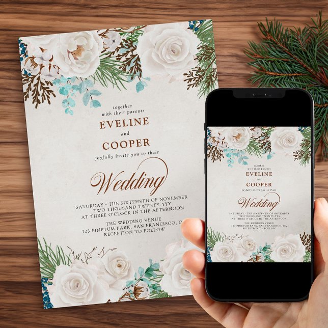 Winter Floral Watercolor White Rose Wedding Invitation (Winter Wedding Invitation with Pine Eucalyptus and White Roses. Order Printed or Printable Download.)