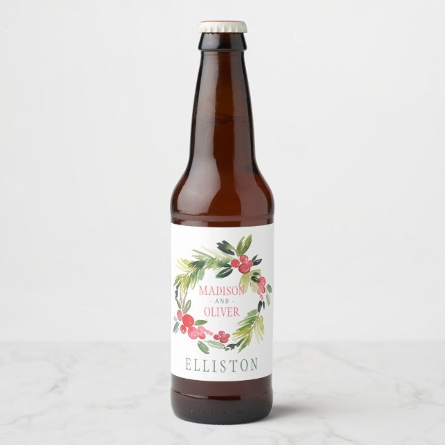 Winter Floral Watercolor Wreath  | Wedding Beer Bottle Label (Front)