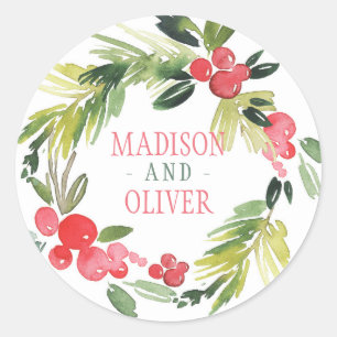 Winter Floral Watercolor Wreath    Wedding Classic Round Sticker