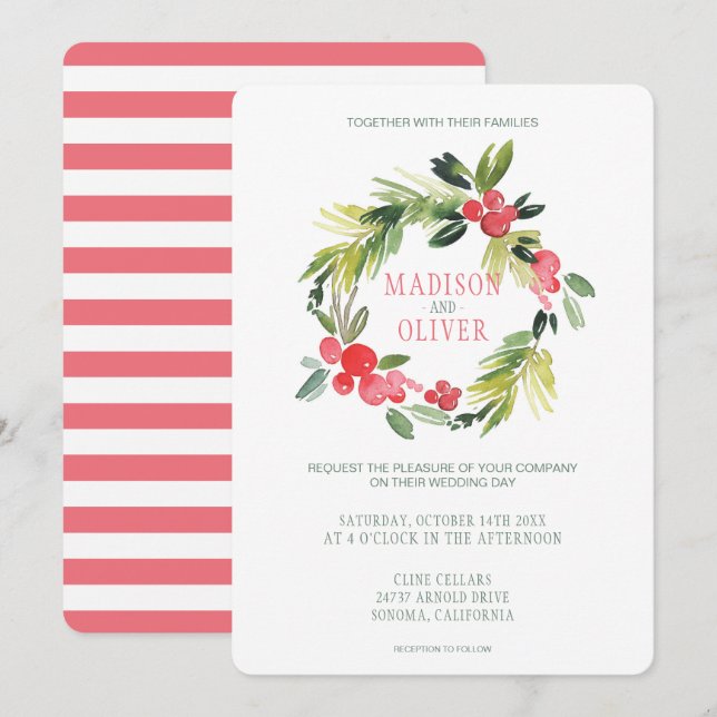 Winter Floral Watercolor Wreath  | Wedding Invitation (Front/Back)
