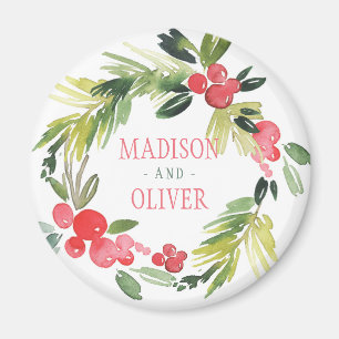 Winter Floral Watercolor Wreath    Wedding Magnet