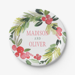 Winter Floral Watercolor Wreath Wedding Paper Plate