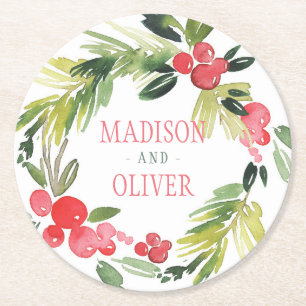 Winter Floral Watercolor Wreath    Wedding Round Paper Coaster