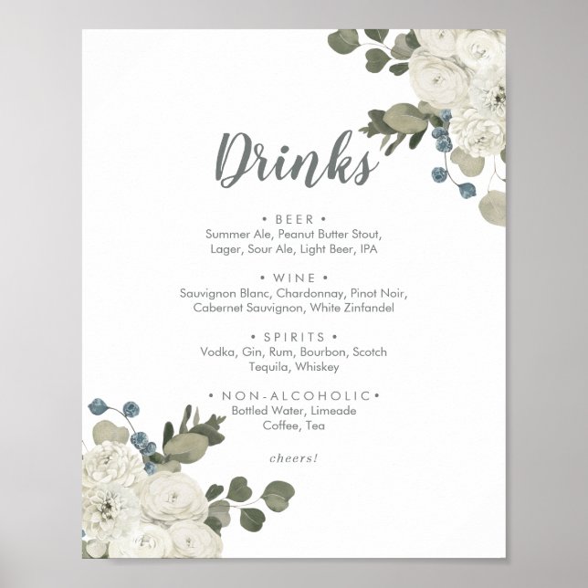Winter Floral Wedding Drinks Menu Sign (Front)