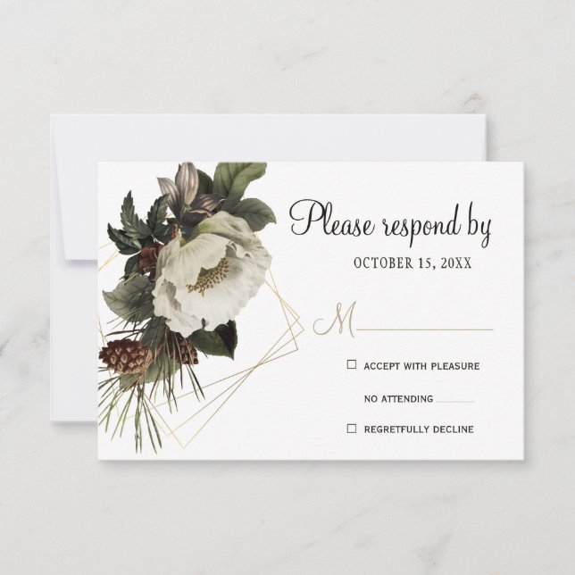 Winter floral wedding gold geometric modern RSVP card (Front)