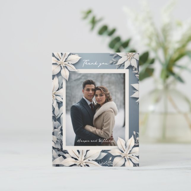 Winter floral wedding photo thank you postcard (Standing Front)