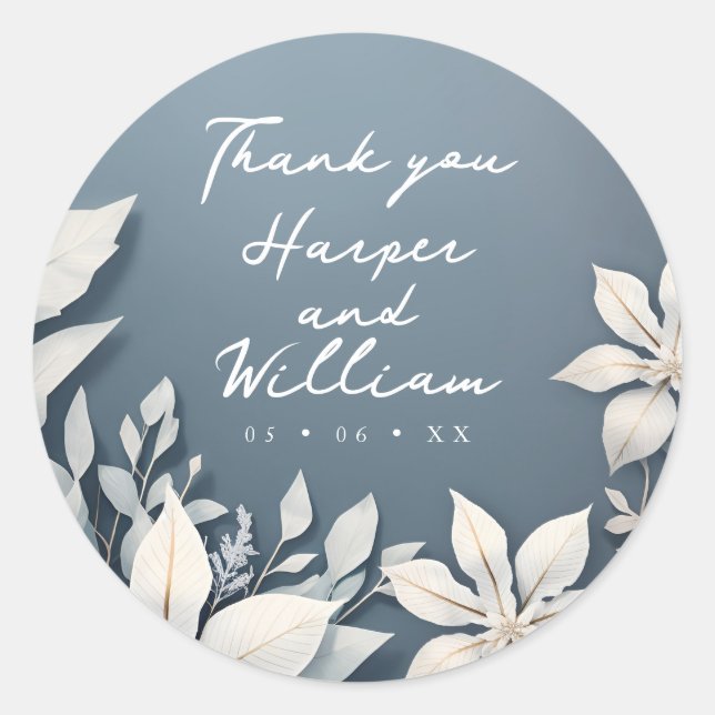 Winter floral wedding thank you classic round sticker (Front)