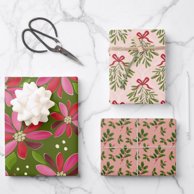 Winter floral wrapping paper trio (Front)