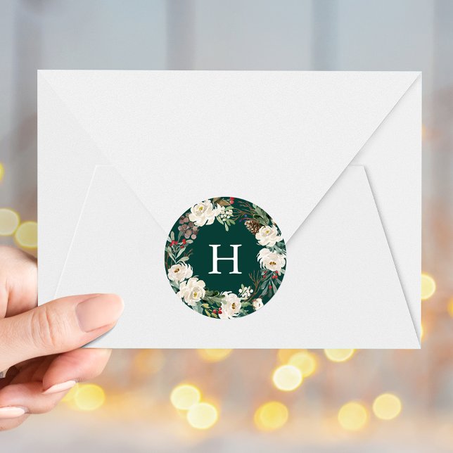 Winter Floral Wreath Green Monogram Holiday Classic Round Sticker (Creator Uploaded)