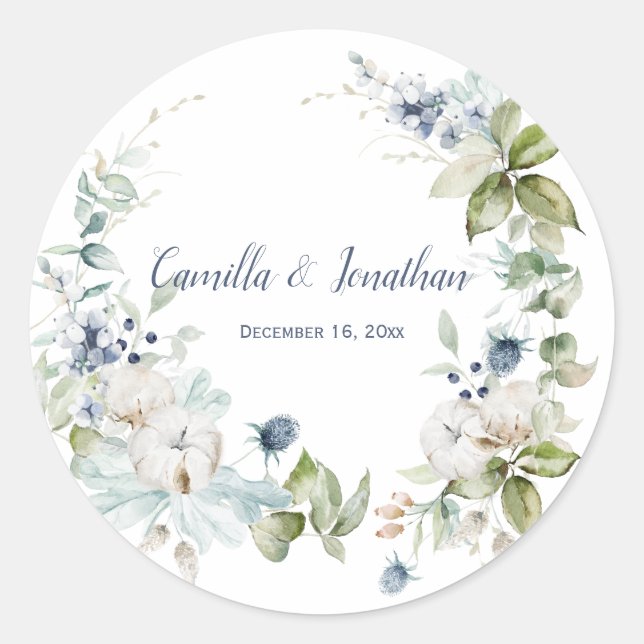 Winter Floral Wreath in Dusty Blue and Sage Green Classic Round Sticker (Front)