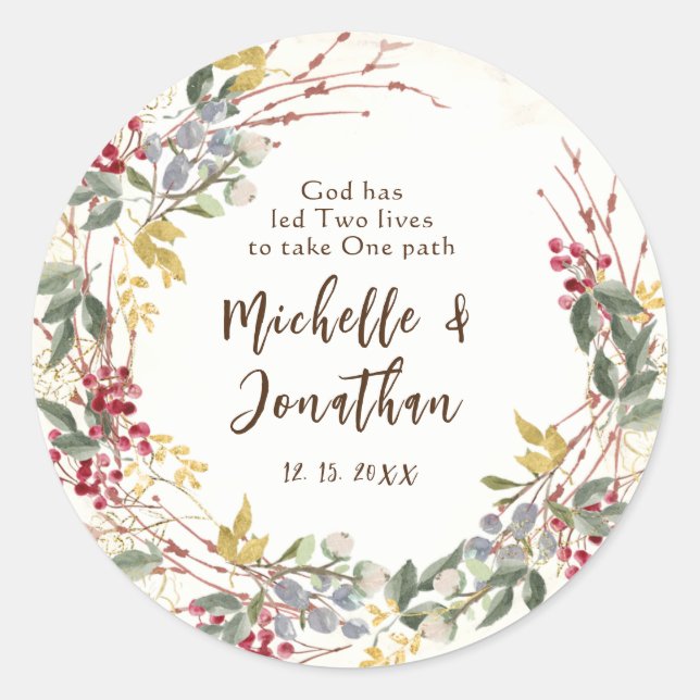 Winter Floral Wreath Inspirational Quote Wedding Classic Round Sticker (Front)