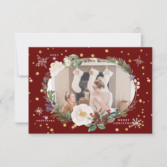winter floral wreath photo happy holiday card (Front)
