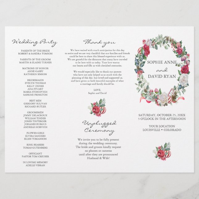 Winter Floral Wreath Tri+Fold Wedding Program Flyer (Front)