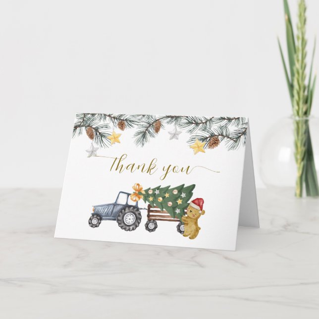 Winter Floral X'mas Tree Tractor Bear Baby Shower  Thank You Card (Front)