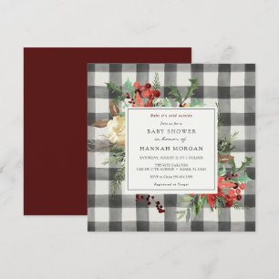 Winter Florals and Evergreen Plaid Baby Shower Invitation