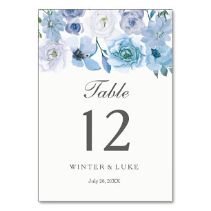Winter Florals: Blue White Wedding Table Number