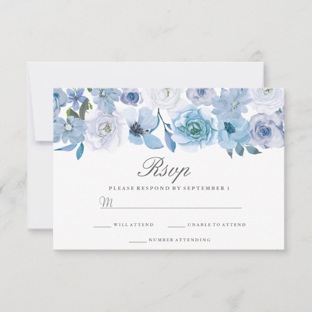 Winter Florals: Elegant Blue White Wedding RSVP Card (Front)