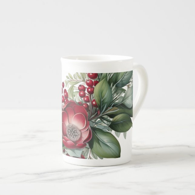 Winter Florals Green Red White Enlarged Bone China Mug (Front Right)