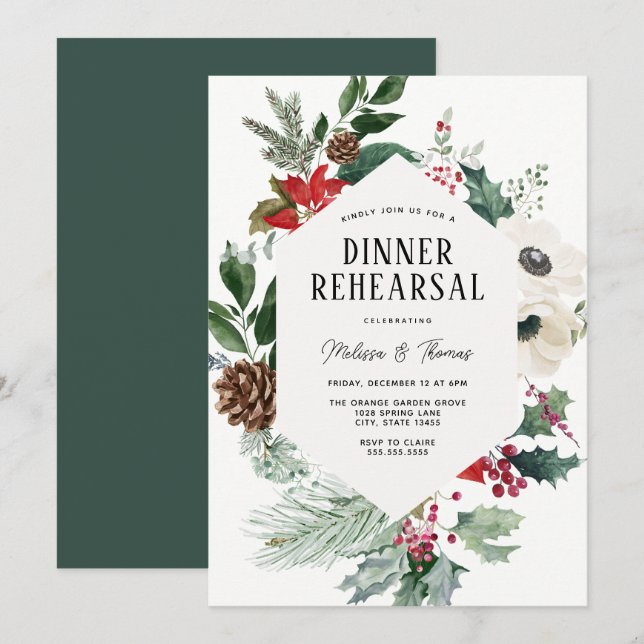 Winter Florals Greenery Wedding Dinner Rehearsal Invitation (Front/Back)