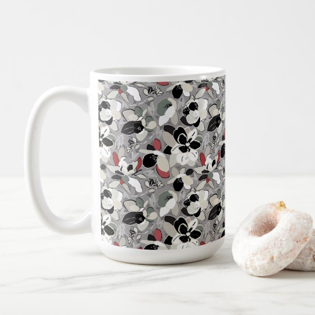 Winter Florals Grey Black Coffee Mug (With Donut)