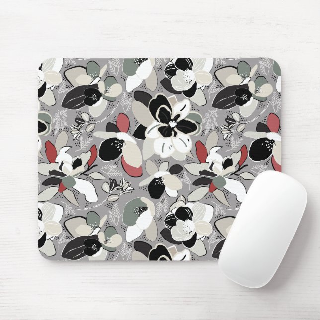 Winter Florals Grey Black Mouse Mat (With Mouse)