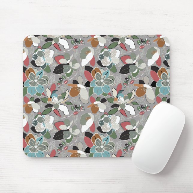 Winter Florals Grey Black Mouse Mat (With Mouse)