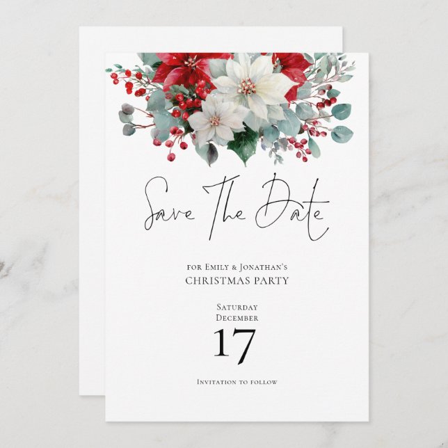 Winter Florals Poinsettia Christmas Save the Date Invitation (Front/Back)