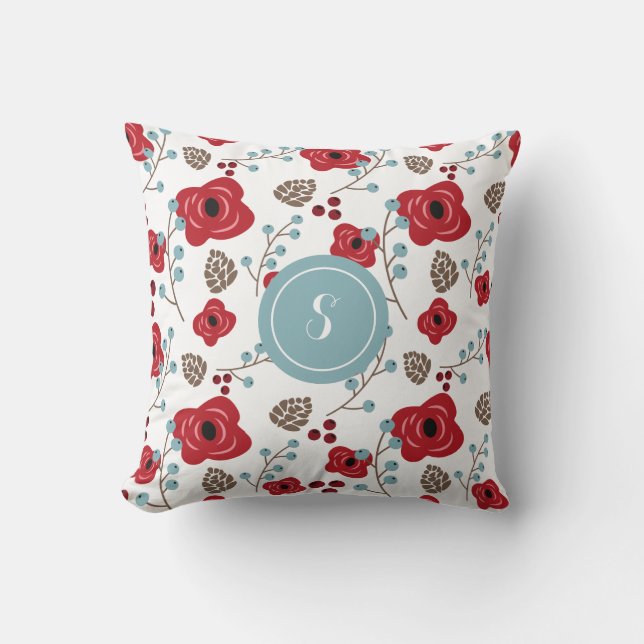 Winter Florals Poppies and Berries Monogram Cushion (Front)