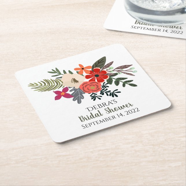 Winter florals red purple bouquet bridal shower   square paper coaster (Angled)