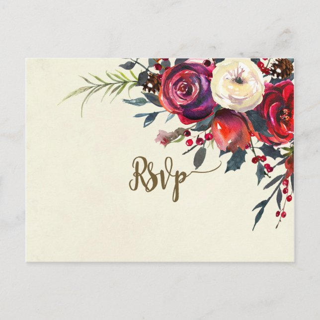 winter florals wedding rsvp postcard (Front)